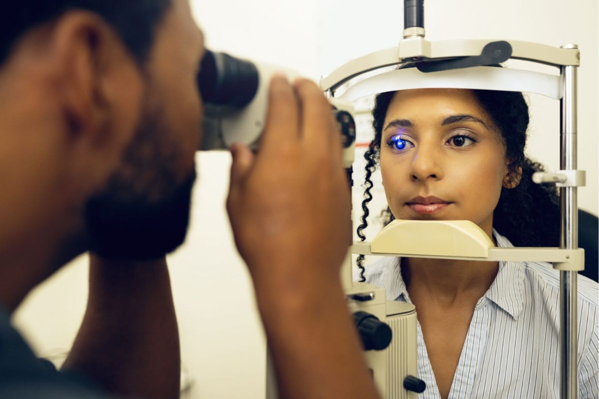 Woman receiving an eye exam.