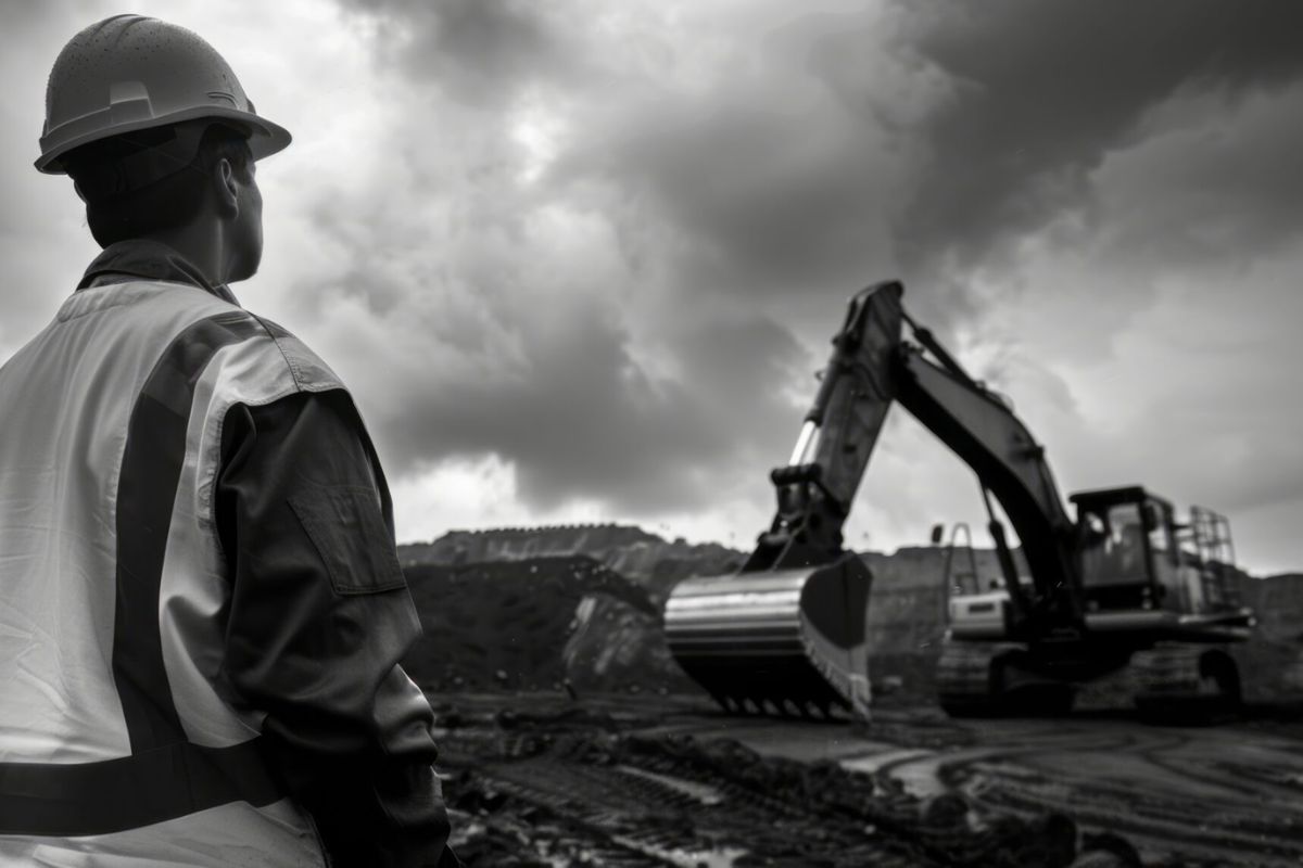 Monochrome photo of a construction worker on site.